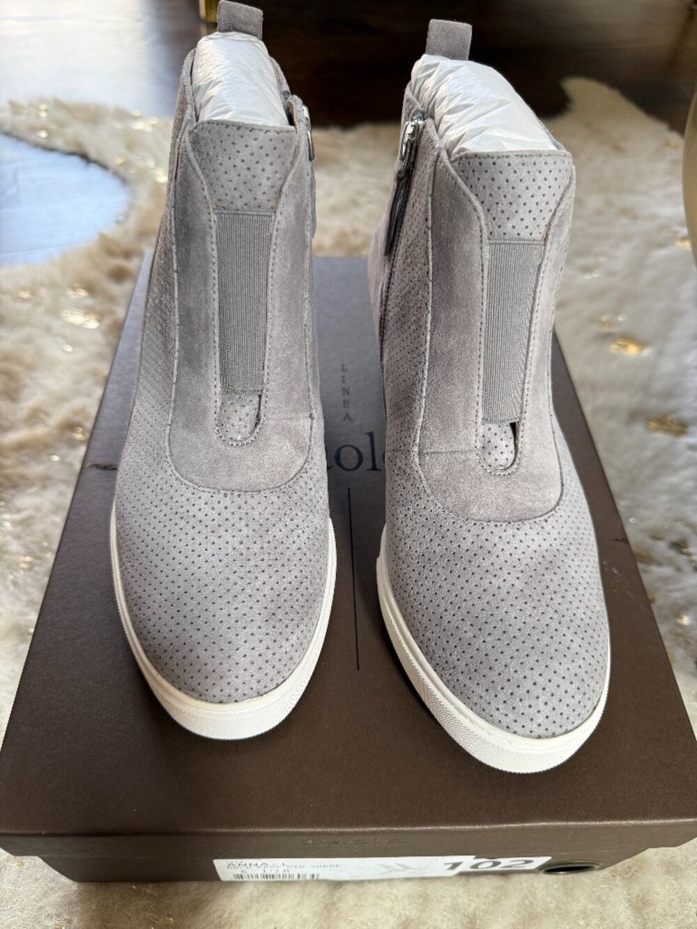 Linea Paolo Anna Gray Perforated Suede Wedge Sneaker Booties – NIB – Women’s 6.5